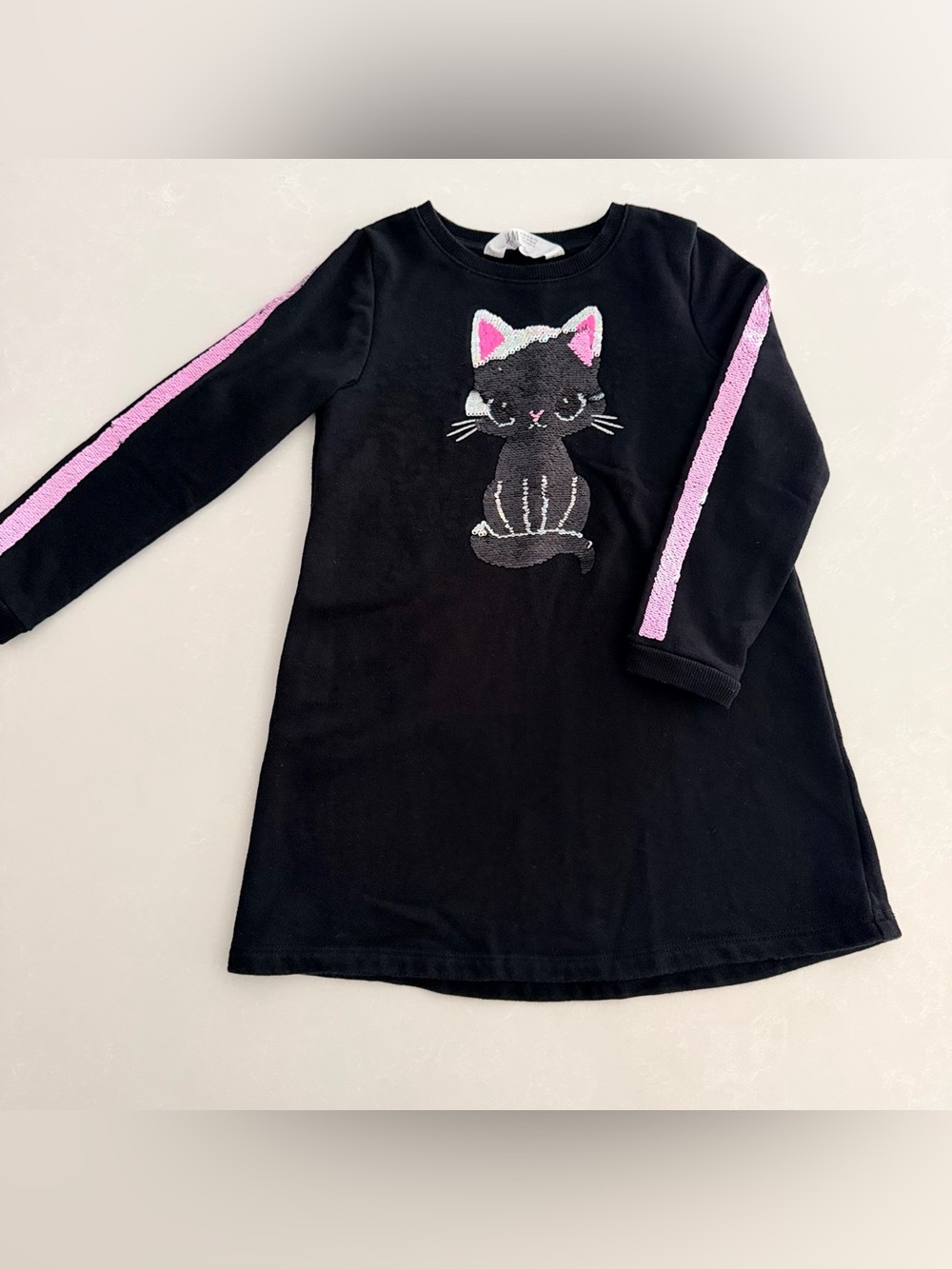 H&M Girls Black Cat Sequin Sweatshirt Dress • Size 5T/6